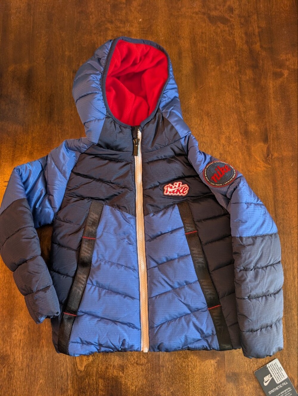 Nike Kids Blue and Navy Puffer Jacket with Red Hood Lining/ Nwt!